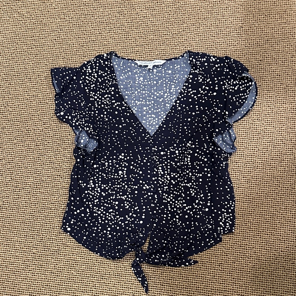 Navy almost black  Polka Dot Blouse with flutter cap sleeve